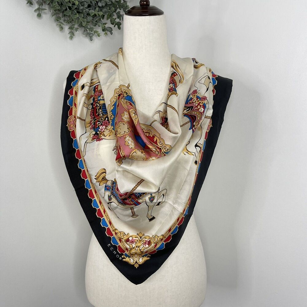 Vintage ECHO 100 % Silk Square Scarf with Horses